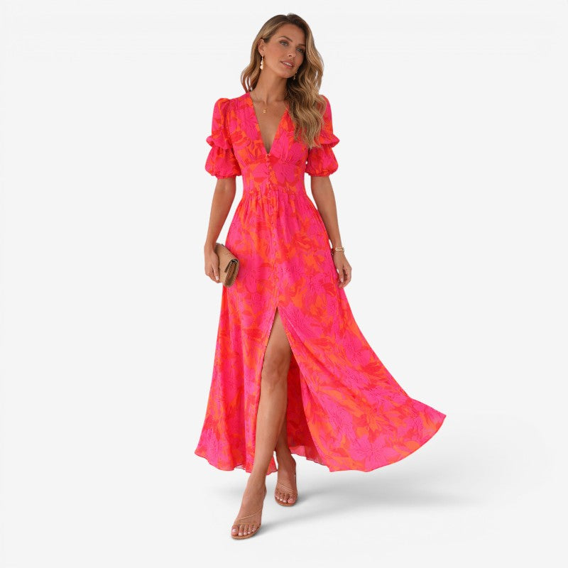 Elegant Floral Maxi Dress with V Neck