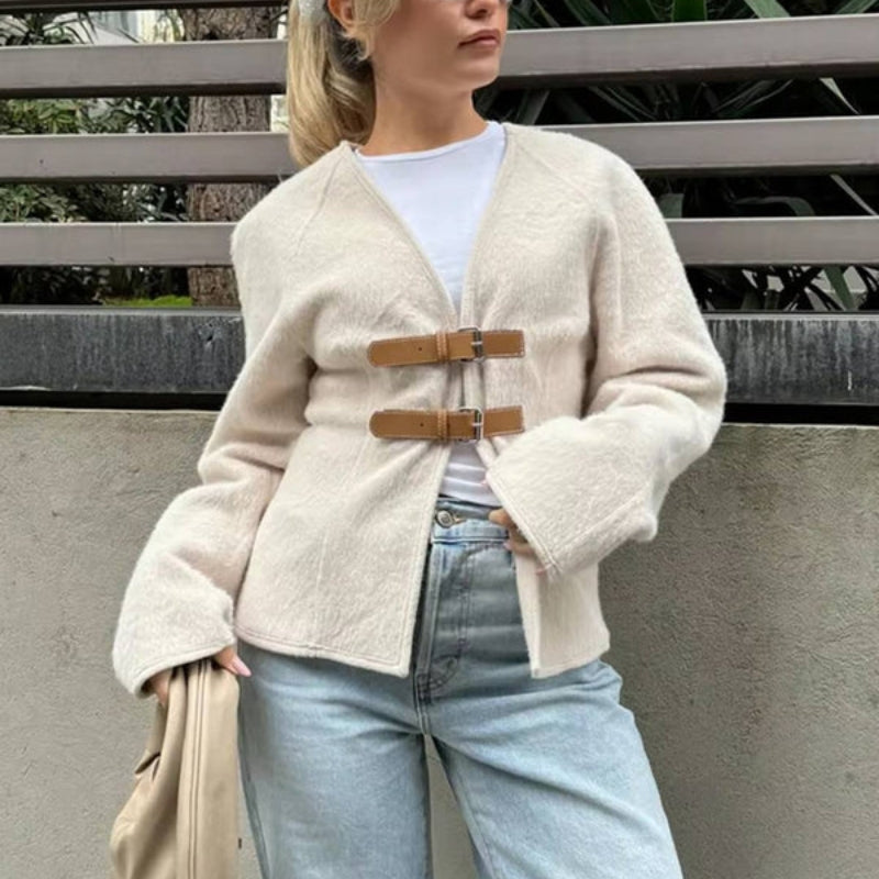 Maya – Long Sleeve Cardigan with V-Neck and Adjustable Buckle