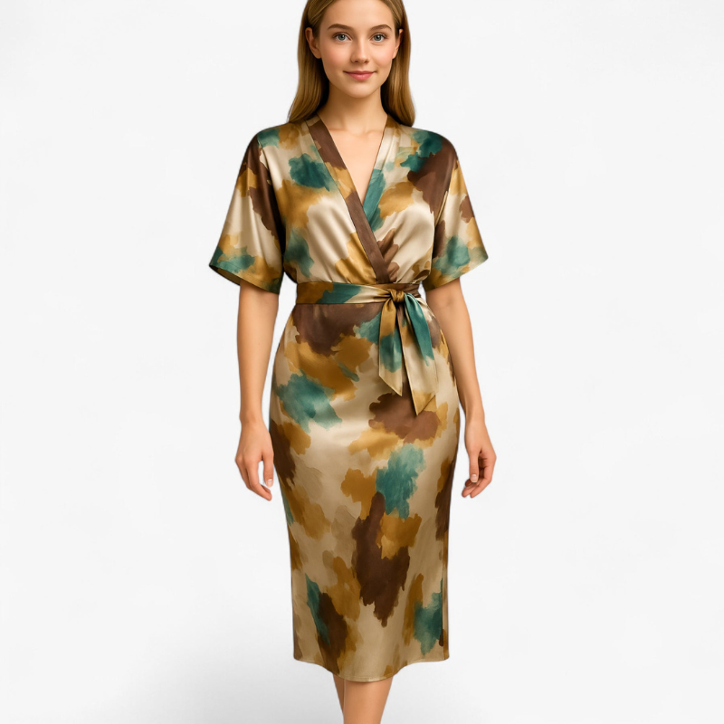 Naomi – Lange Jurk met Korte Mouwen Abstracte Print en Zijsplit Velani
