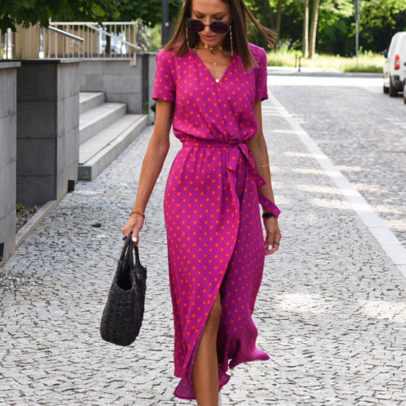 Women's V Neck Midi Dress with Waist Belt