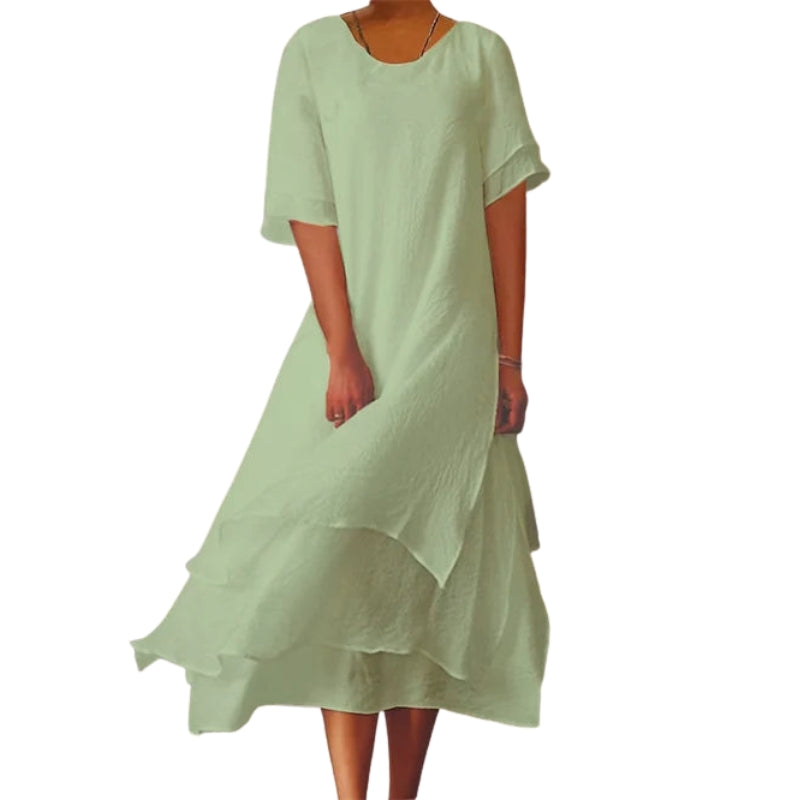 Fiona – Dubbel Laag Jurk met Ronde Hals en Korte Mouwen Velani