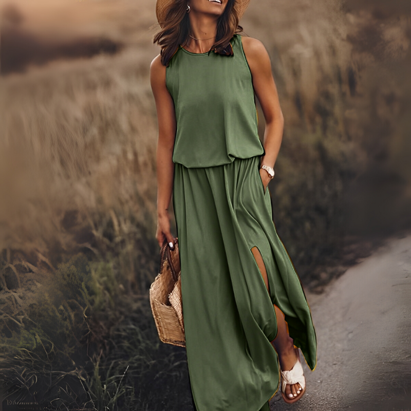 Elsie – Lange Mouwloze Jurk met Zijsplit Ronde Hals en Off-Shoulder Design Velani