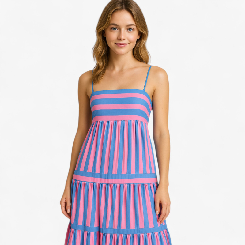 Scarlett – Lange Jurk met Spaghettibandjes en Streepjesprint Velani