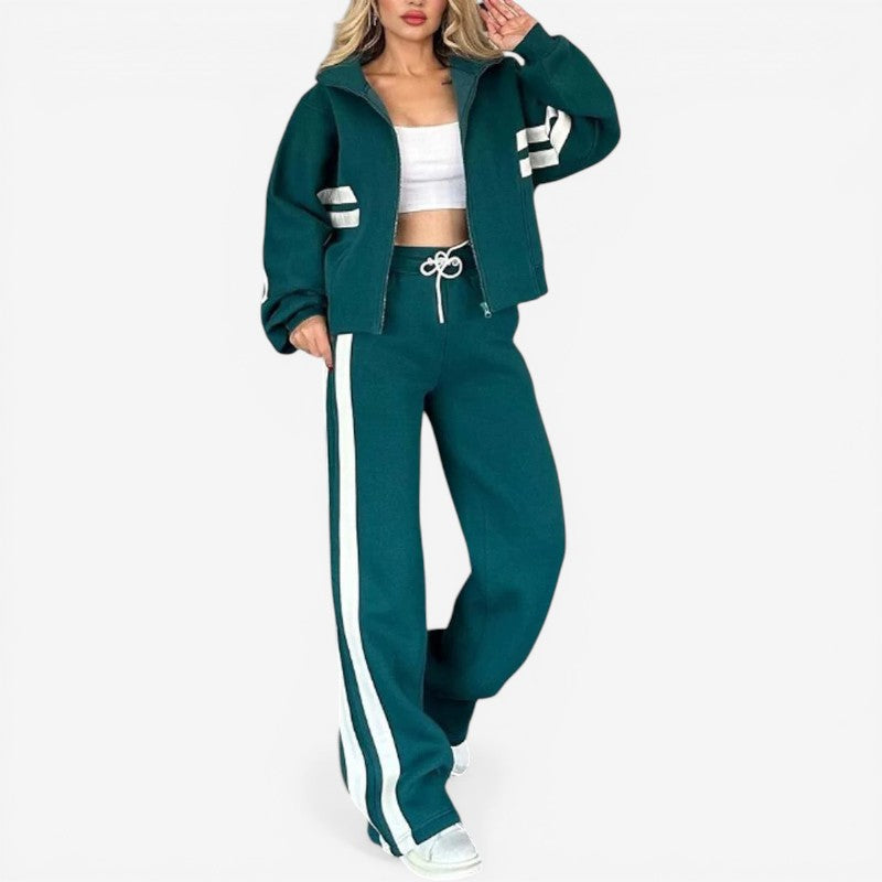 Women’s Two-Piece Set with Zip-Up Jacket and High-Waist Pants