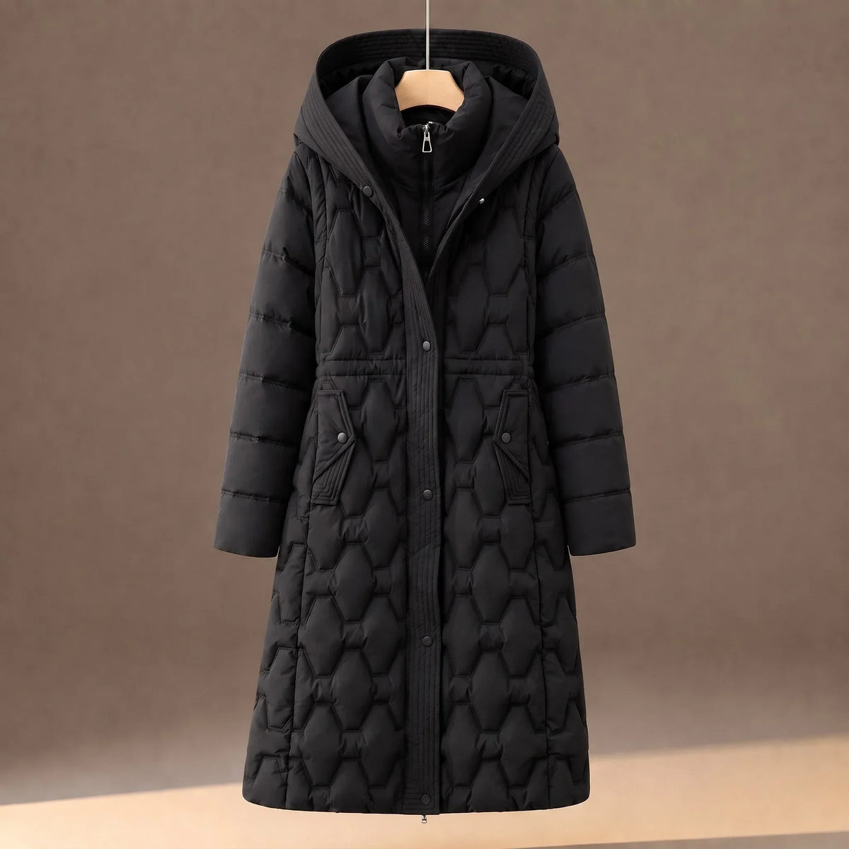 Avenue - Long Quilted Coat with Hexagonal Pattern