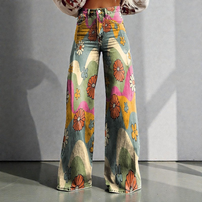 Women's Floral Wide Leg Denim Pants