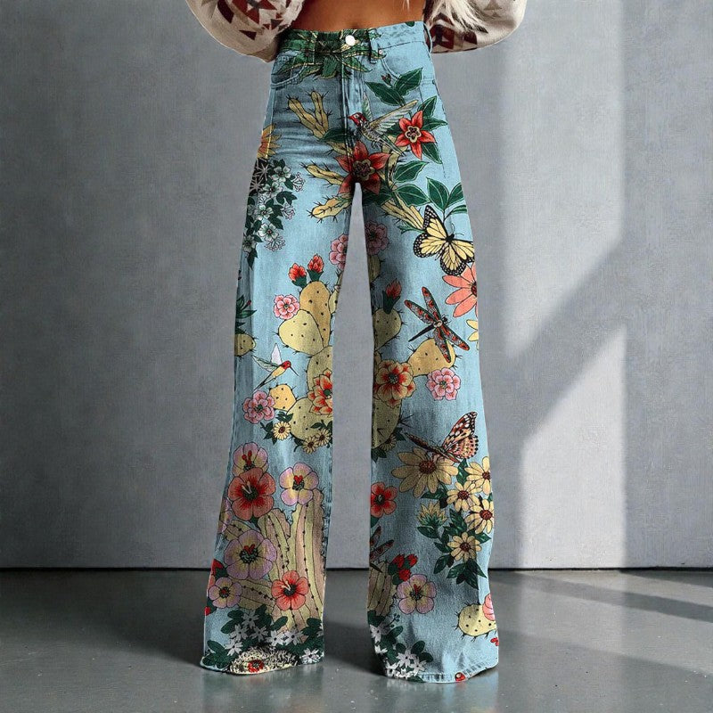 Women's Floral Wide Leg Denim Pants