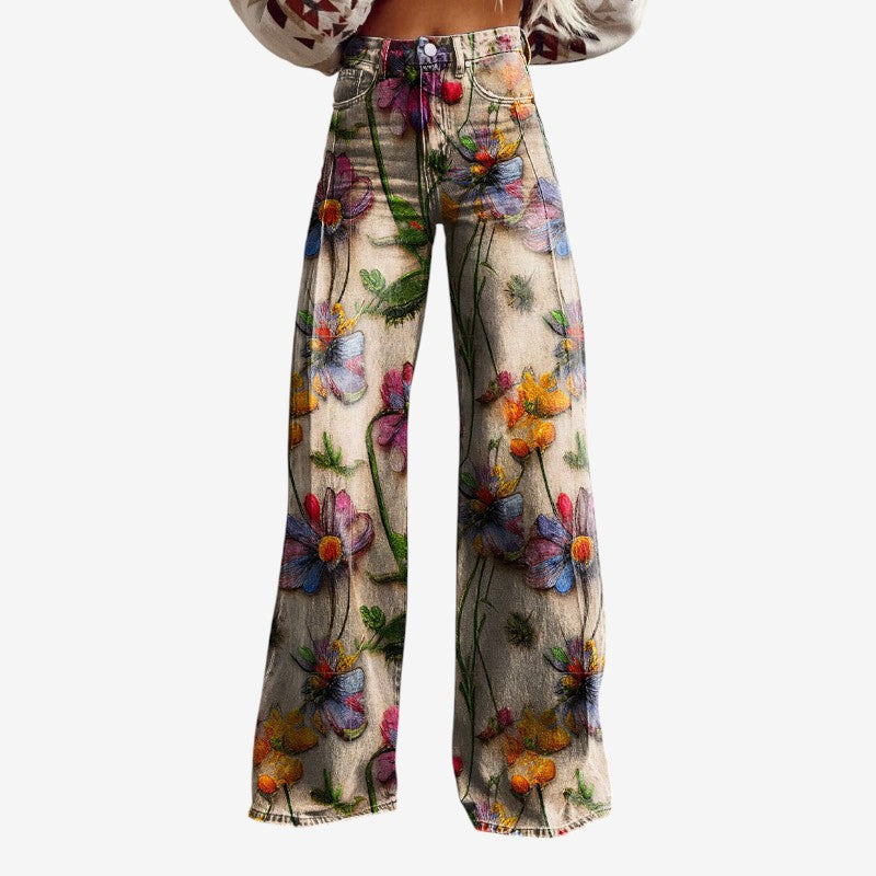 Women's Floral Wide Leg Denim Pants