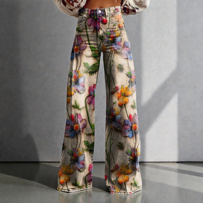 Women's Floral Wide Leg Denim Pants