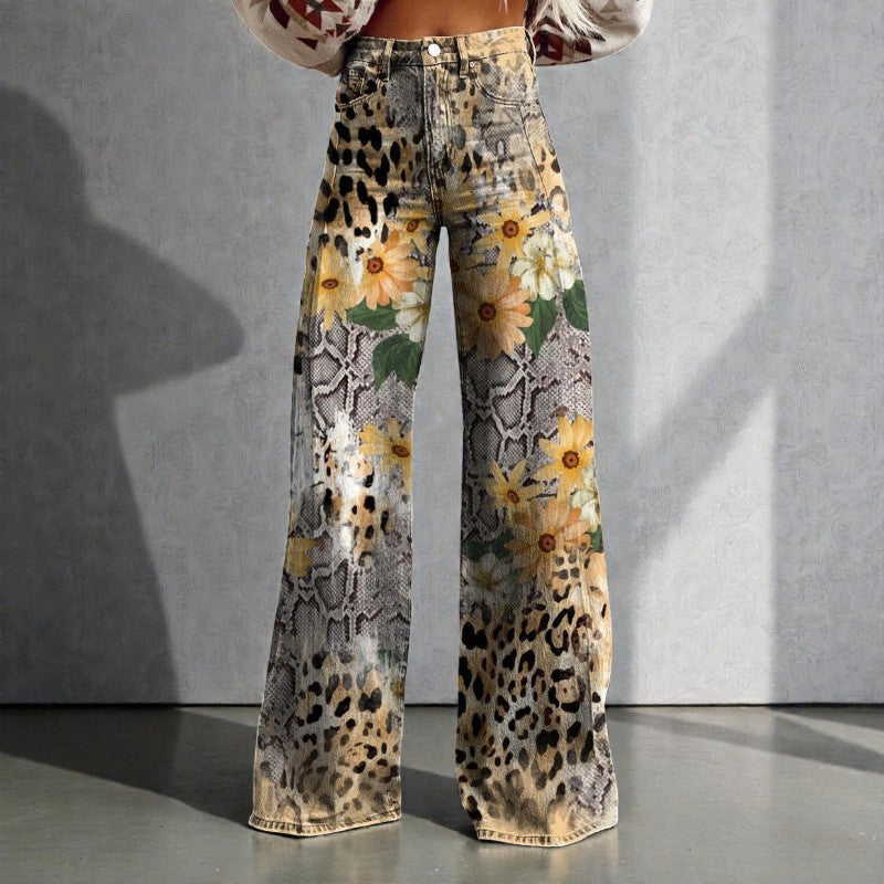 Women's Floral Wide Leg Denim Pants