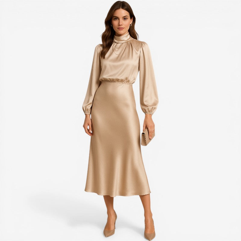 Women’s Wrap Dress with Long Puff Sleeves & High Neck