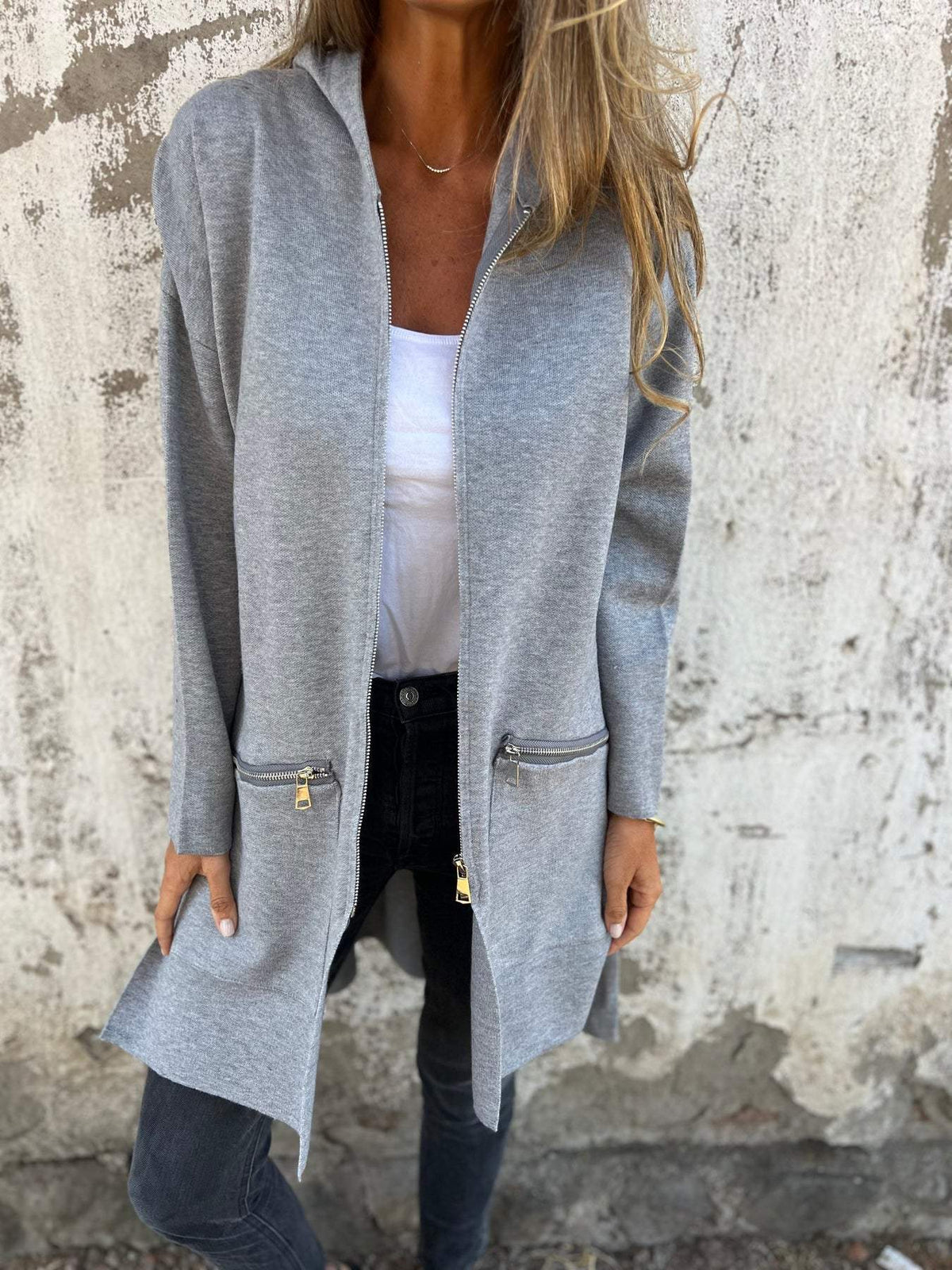Zipelle - Long Hooded Cardigan with Full Zipper