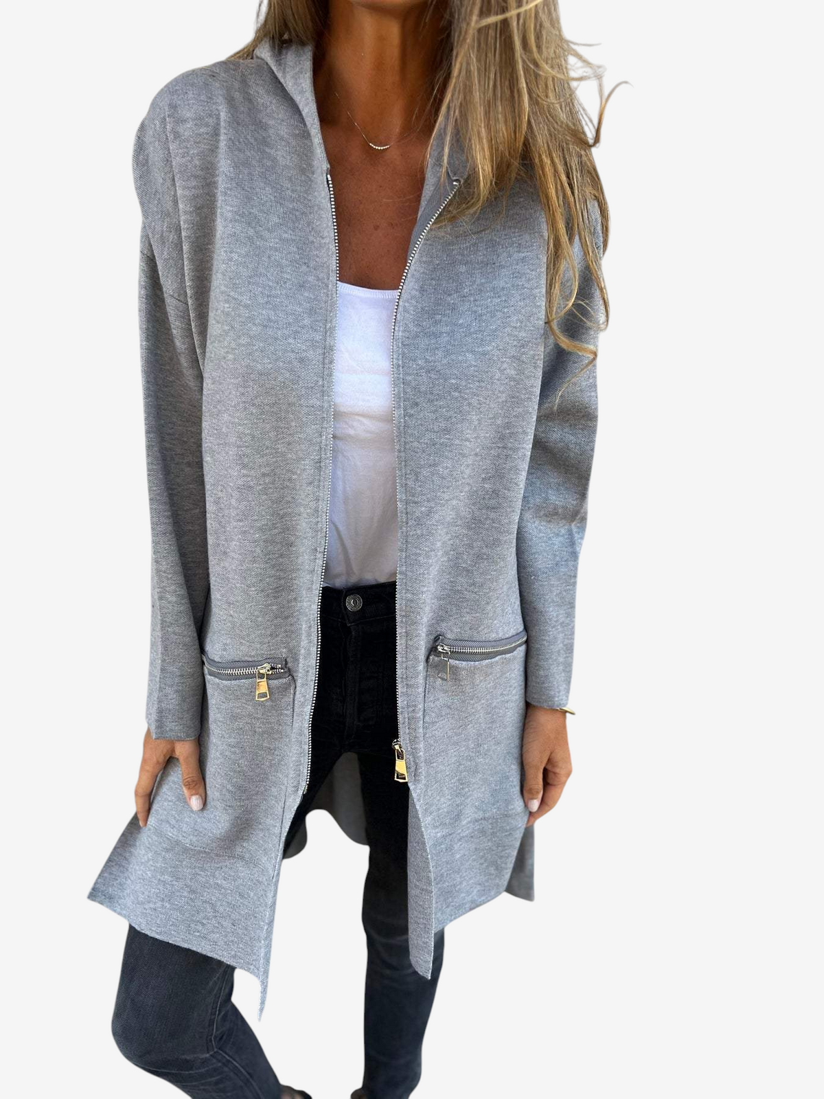 Zipelle - Long Hooded Cardigan with Full Zipper