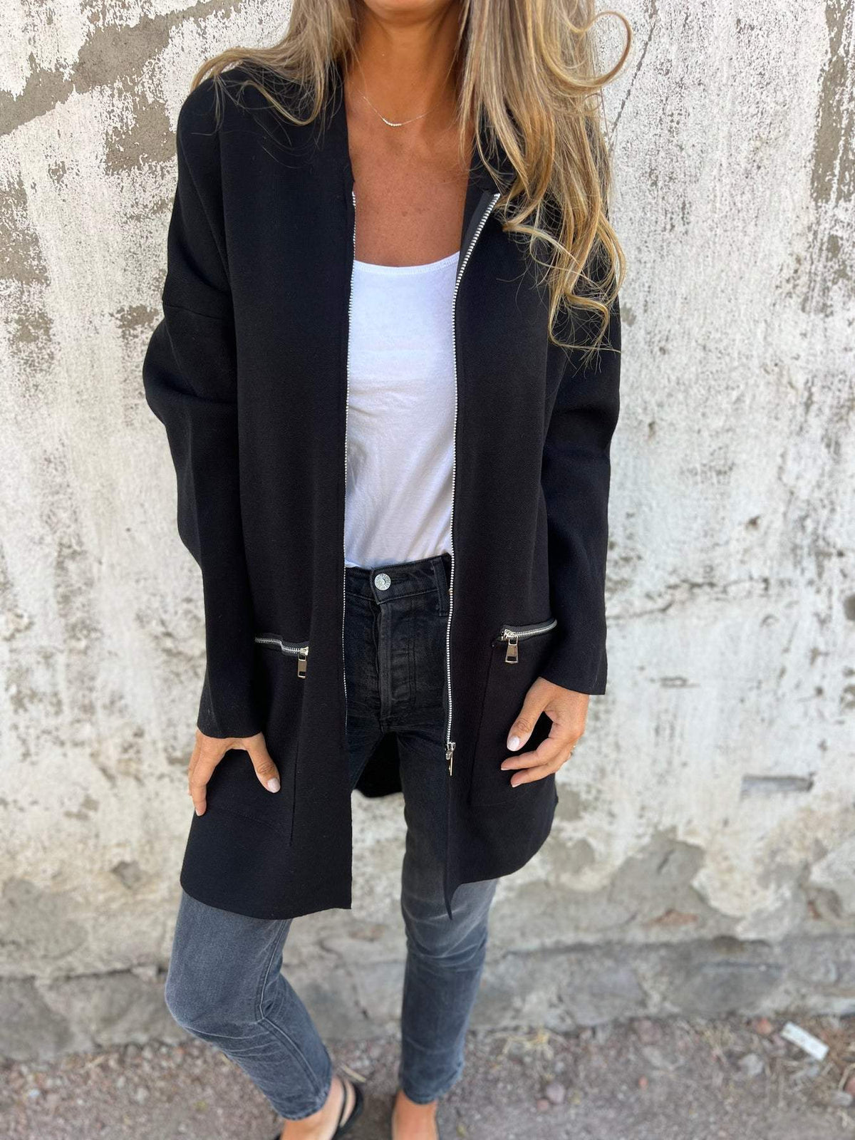 Zipelle - Long Hooded Cardigan with Full Zipper