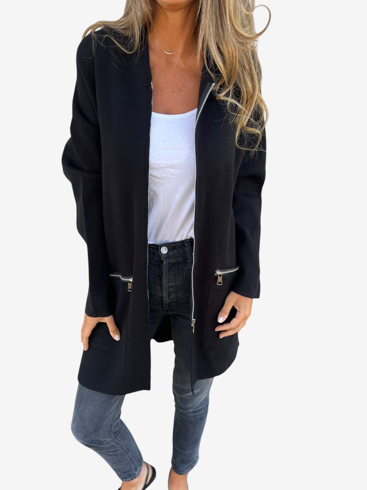Zipelle - Long Hooded Cardigan with Full Zipper
