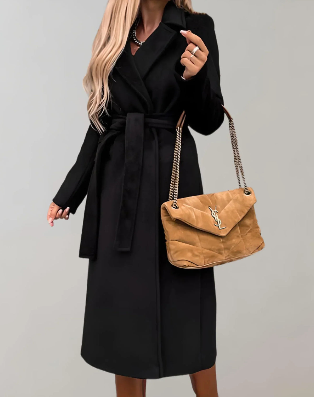 Beltline - Long Trench Coat with Belted Waist and Lapel Collar