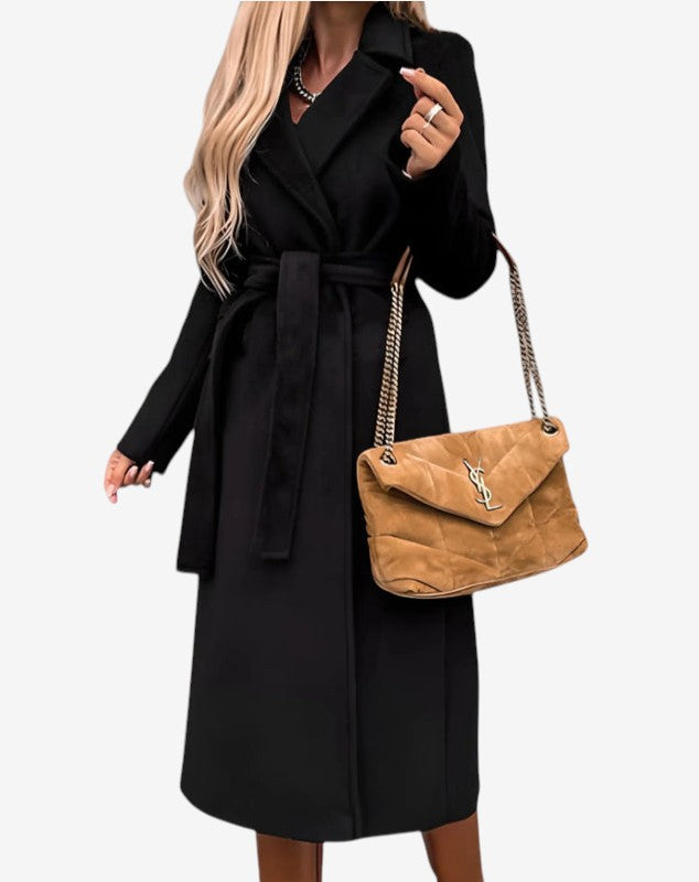 Beltline - Long Trench Coat with Belted Waist and Lapel Collar