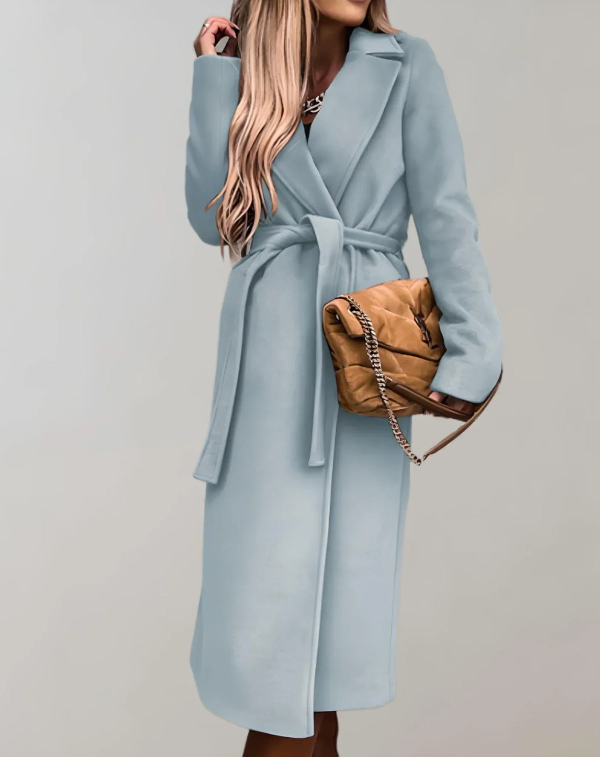 Beltline - Long Trench Coat with Belted Waist and Lapel Collar