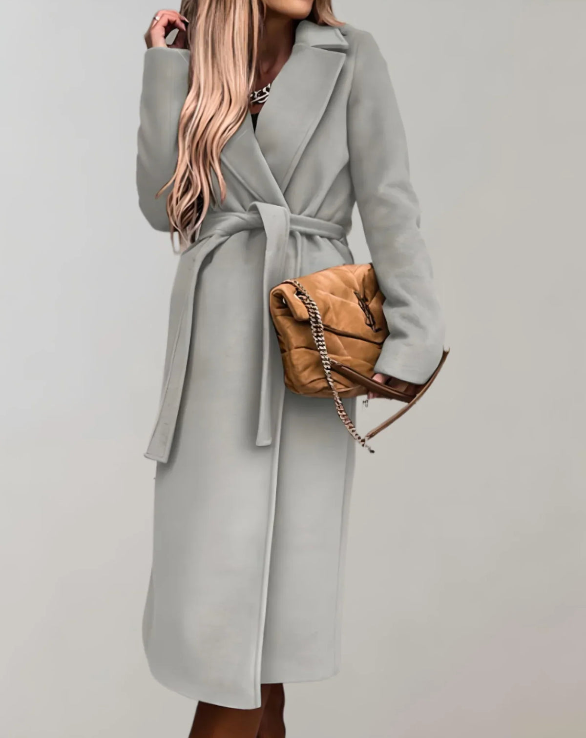 Beltline - Long Trench Coat with Belted Waist and Lapel Collar