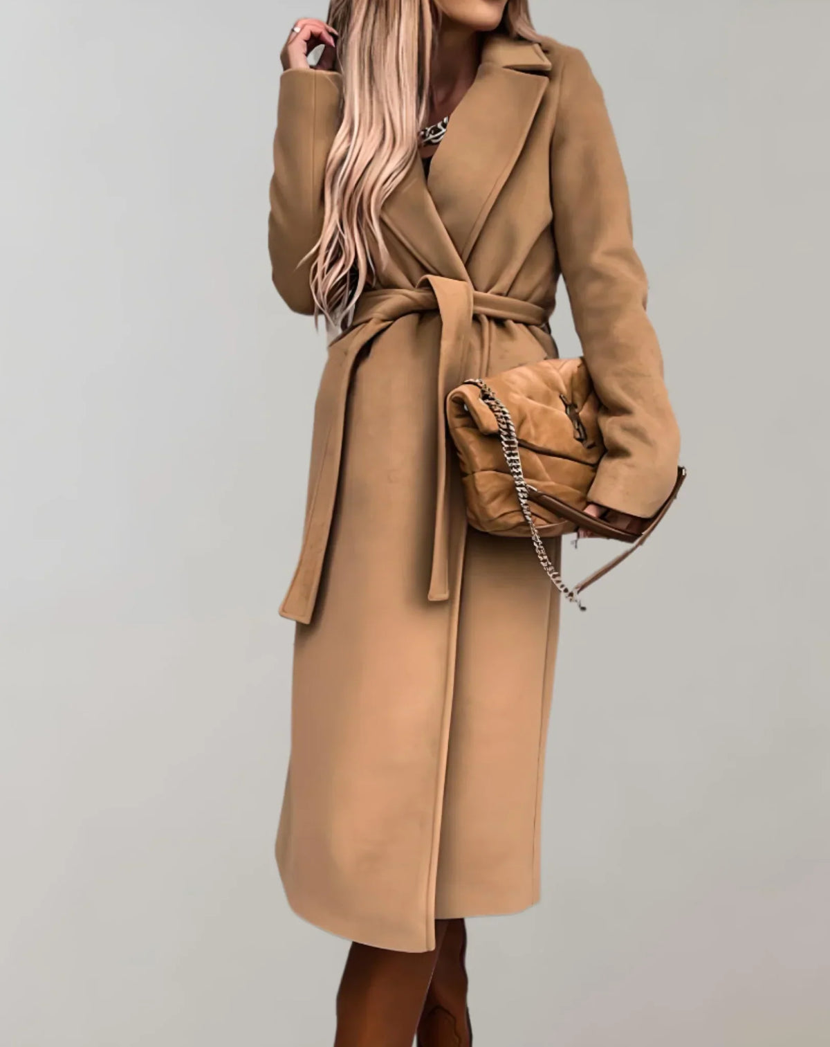 Beltline - Long Trench Coat with Belted Waist and Lapel Collar