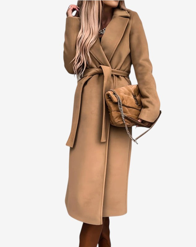 Beltline - Long Trench Coat with Belted Waist and Lapel Collar