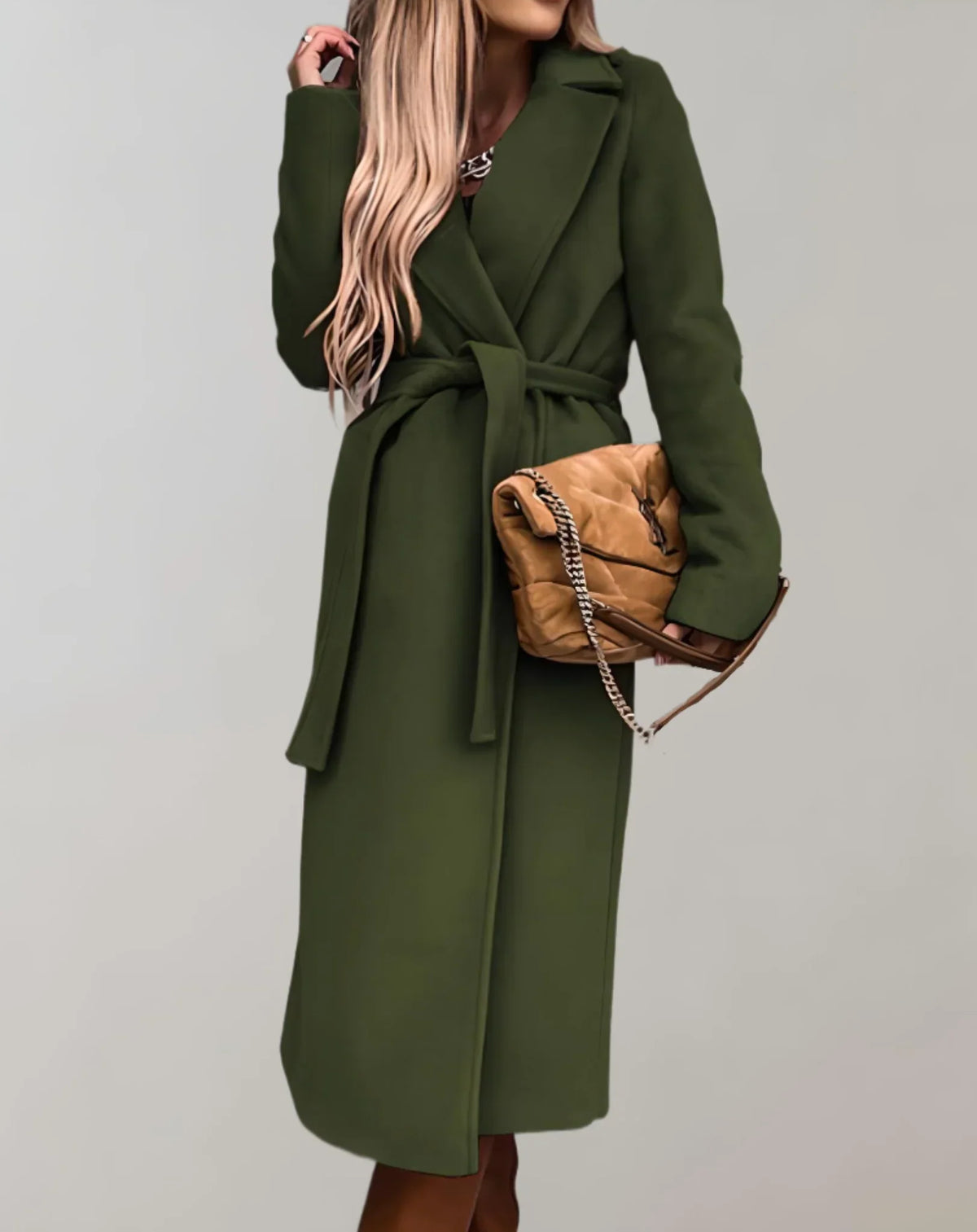Beltline - Long Trench Coat with Belted Waist and Lapel Collar
