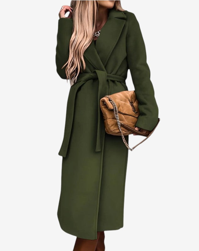 Beltline - Long Trench Coat with Belted Waist and Lapel Collar