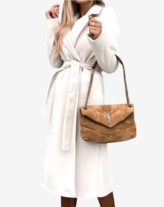 Beltline - Long Trench Coat with Belted Waist and Lapel Collar