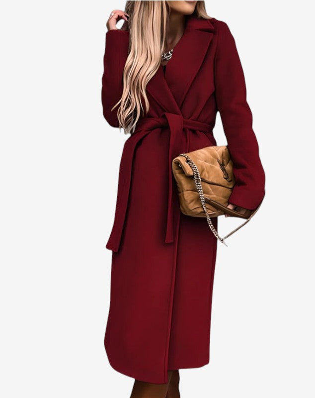 Beltline - Long Trench Coat with Belted Waist and Lapel Collar
