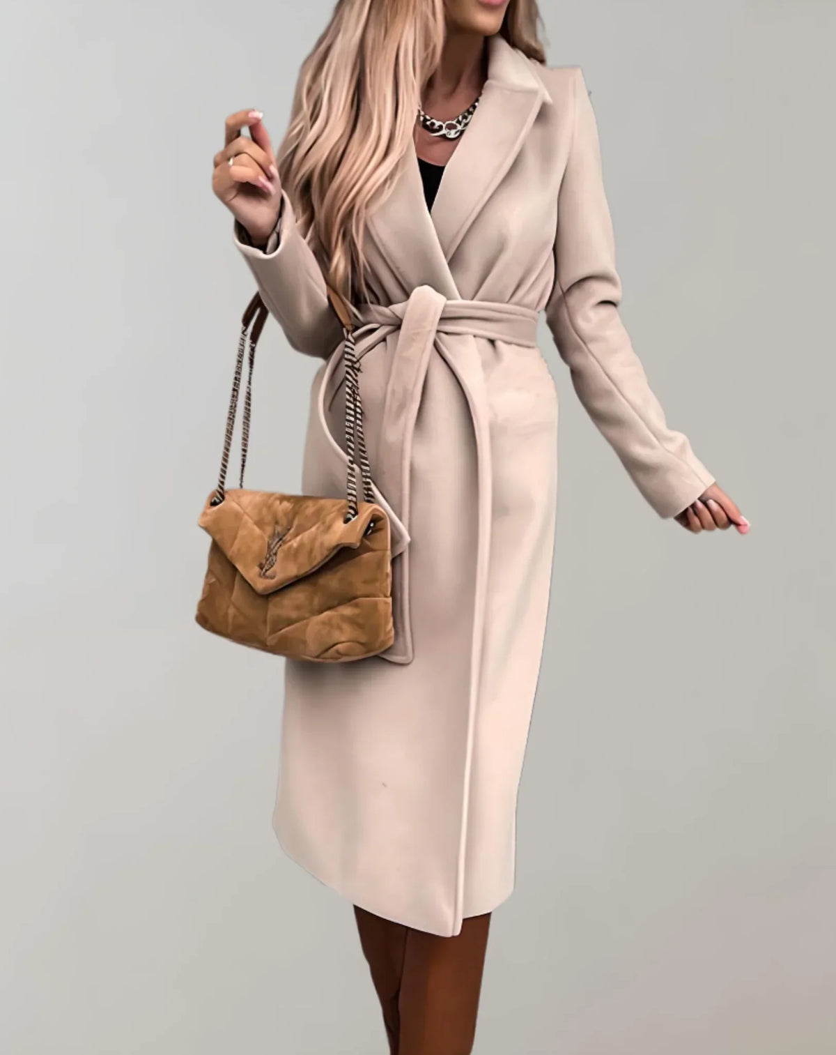 Beltline - Long Trench Coat with Belted Waist and Lapel Collar