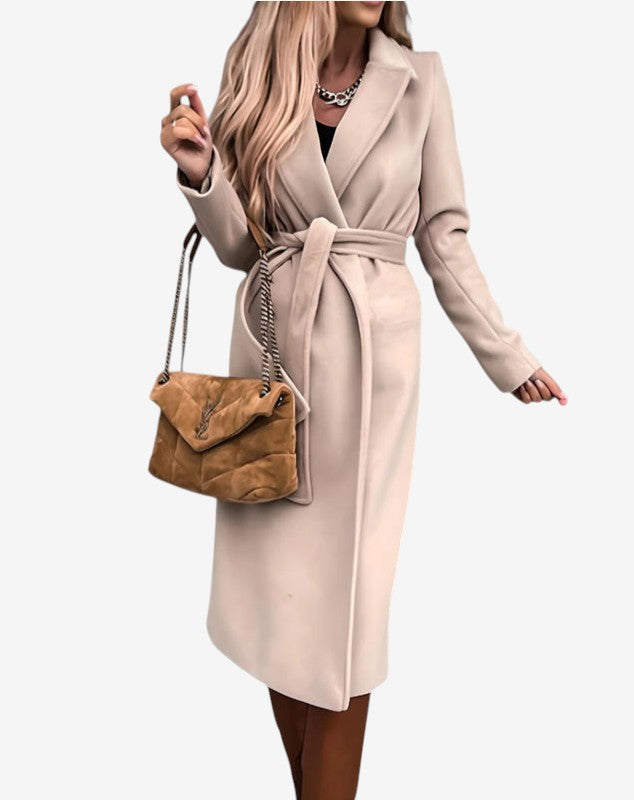 Beltline - Long Trench Coat with Belted Waist and Lapel Collar