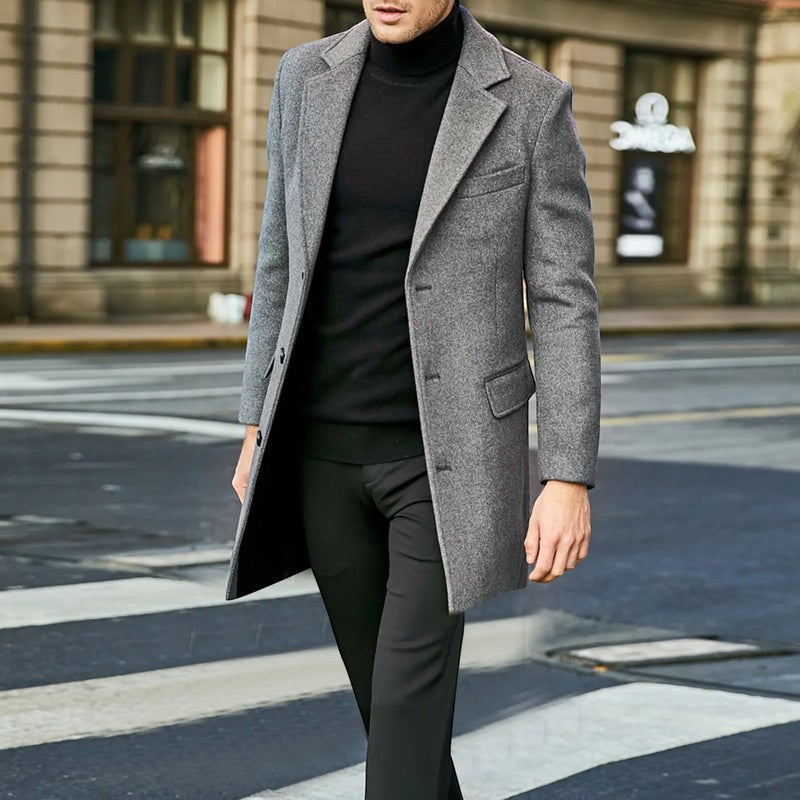 Outerwear - Men's Mid-Thigh Coat with Notched Lapel Collar and Button Closure