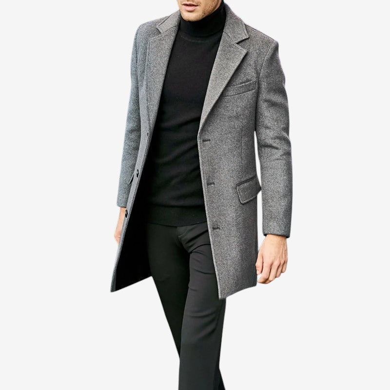 Outerwear - Men's Mid-Thigh Coat with Notched Lapel Collar and Button Closure