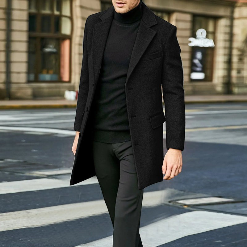 Outerwear - Men's Mid-Thigh Coat with Notched Lapel Collar and Button Closure