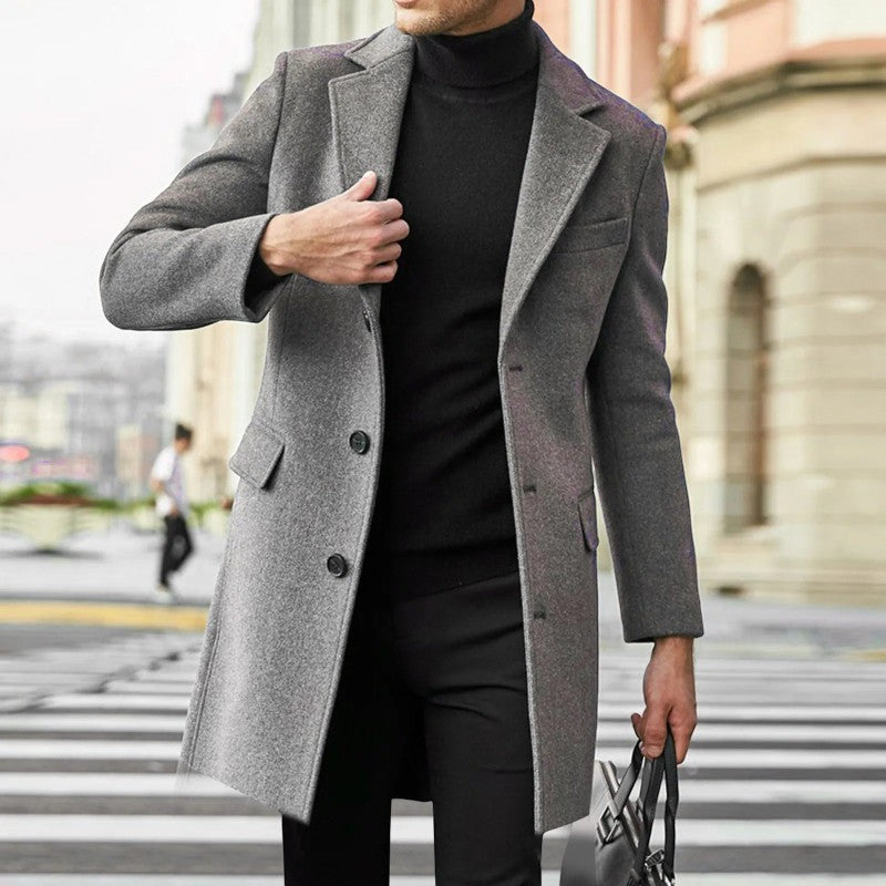 Outerwear - Men's Mid-Thigh Coat with Notched Lapel Collar and Button Closure