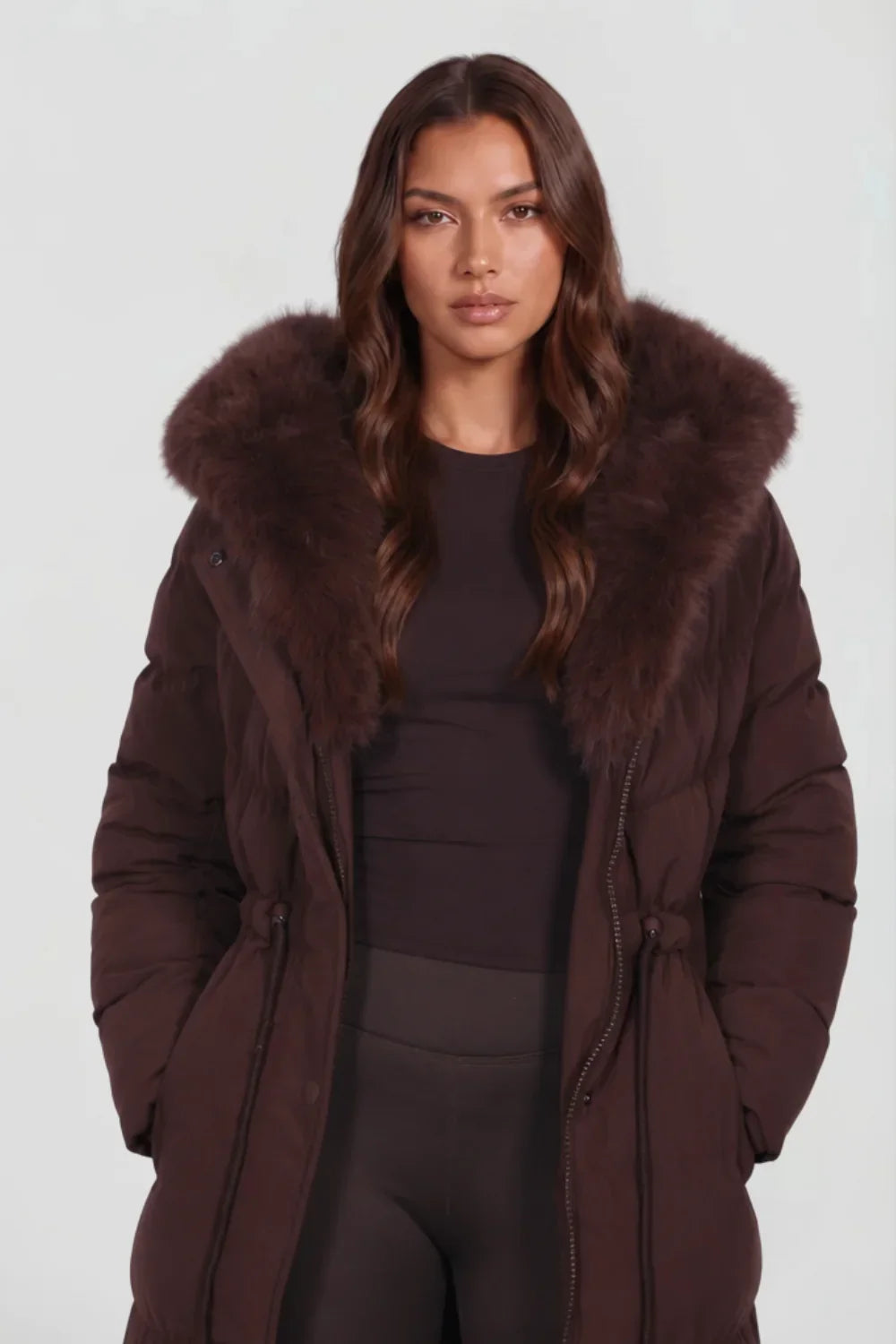Quiltex - Long Quilted Hooded Coat with Waist Cord