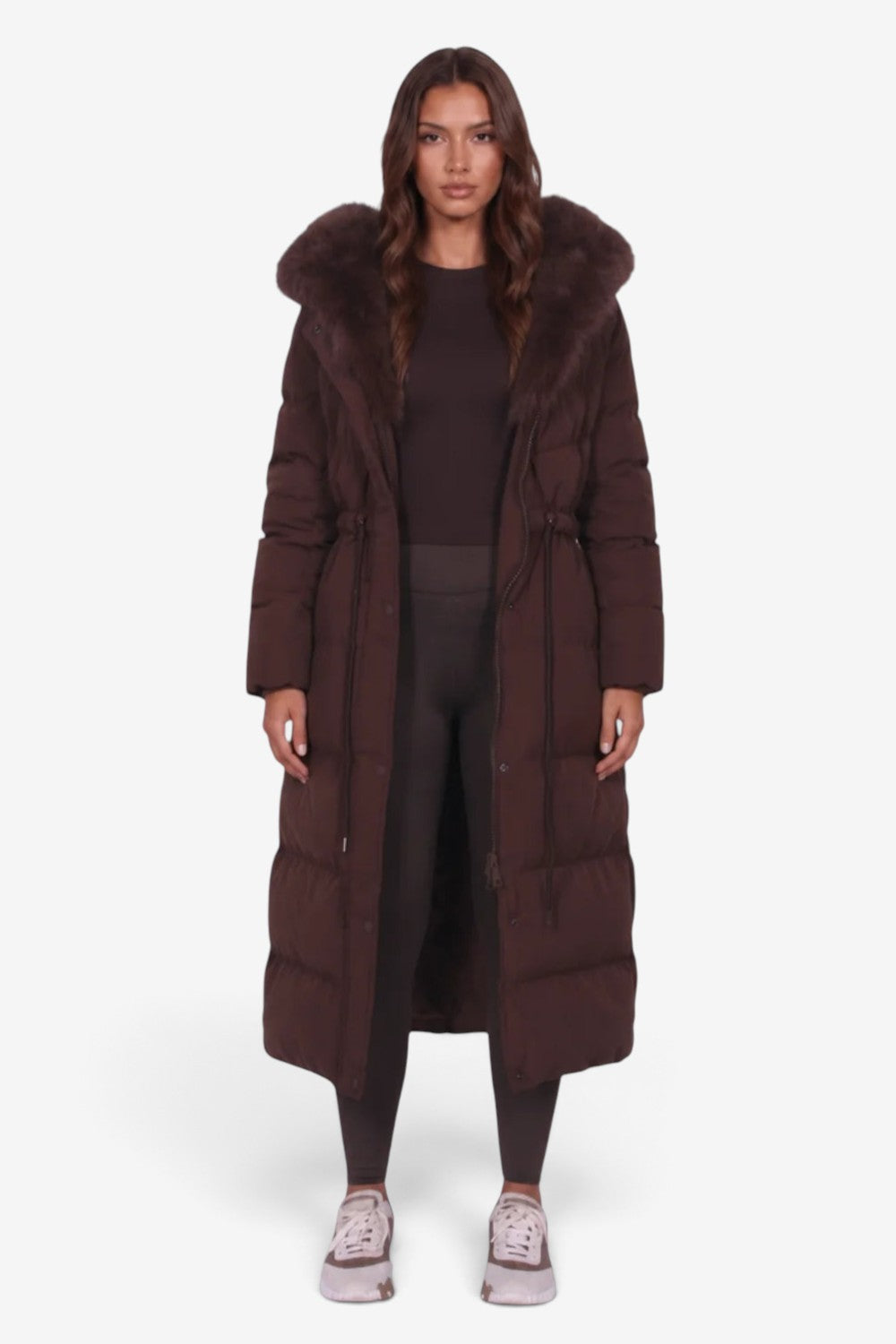 Quiltex - Long Quilted Hooded Coat with Waist Cord