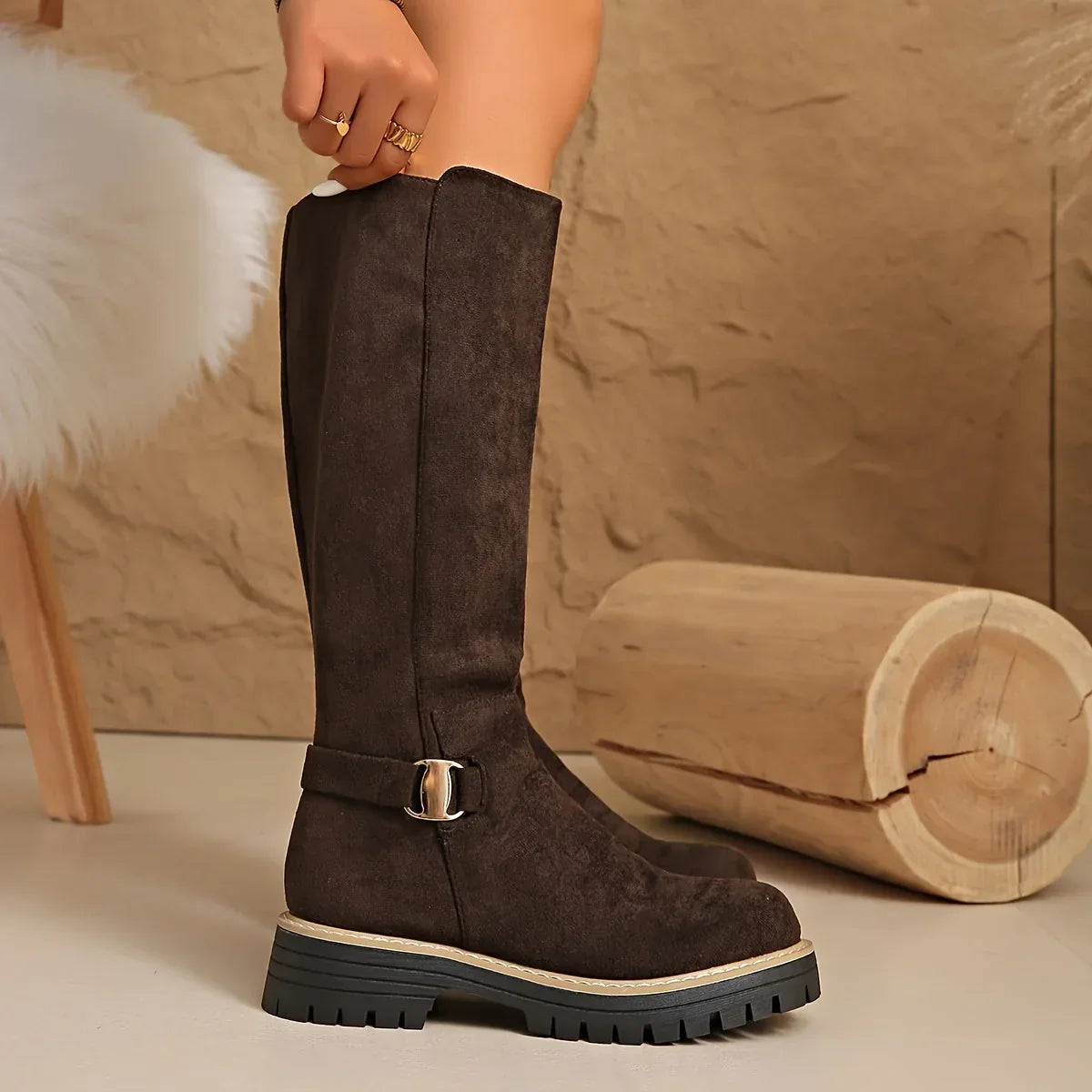 Edgy - Platform Heel Knee High Boots with Lug Sole