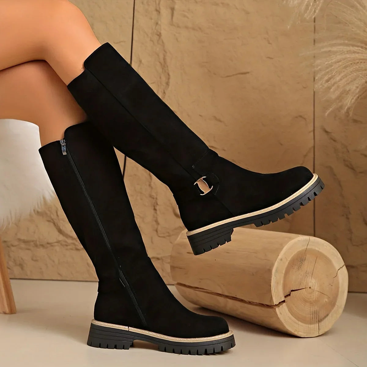 Edgy - Platform Heel Knee High Boots with Lug Sole