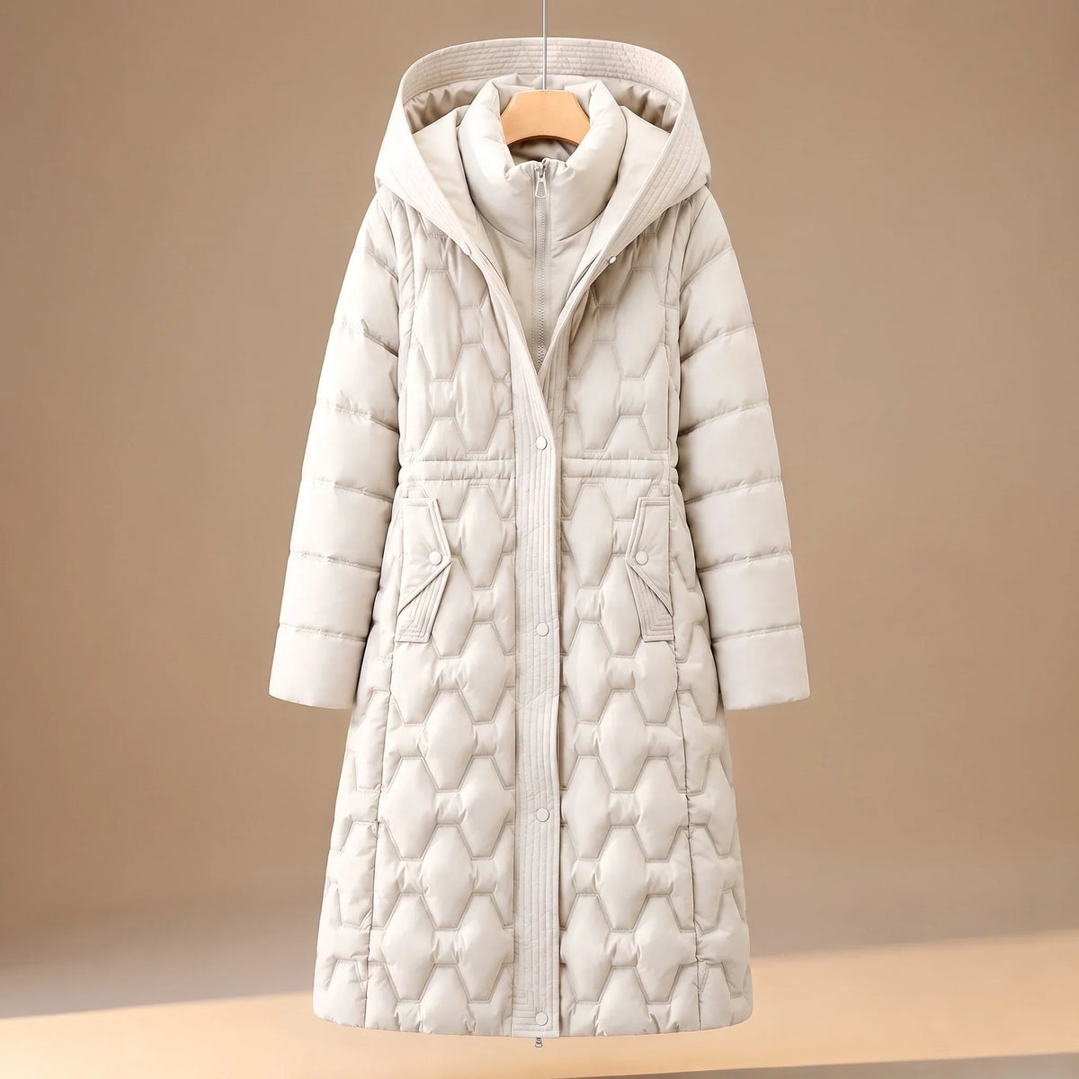 Avenue - Long Quilted Coat with Hexagonal Pattern