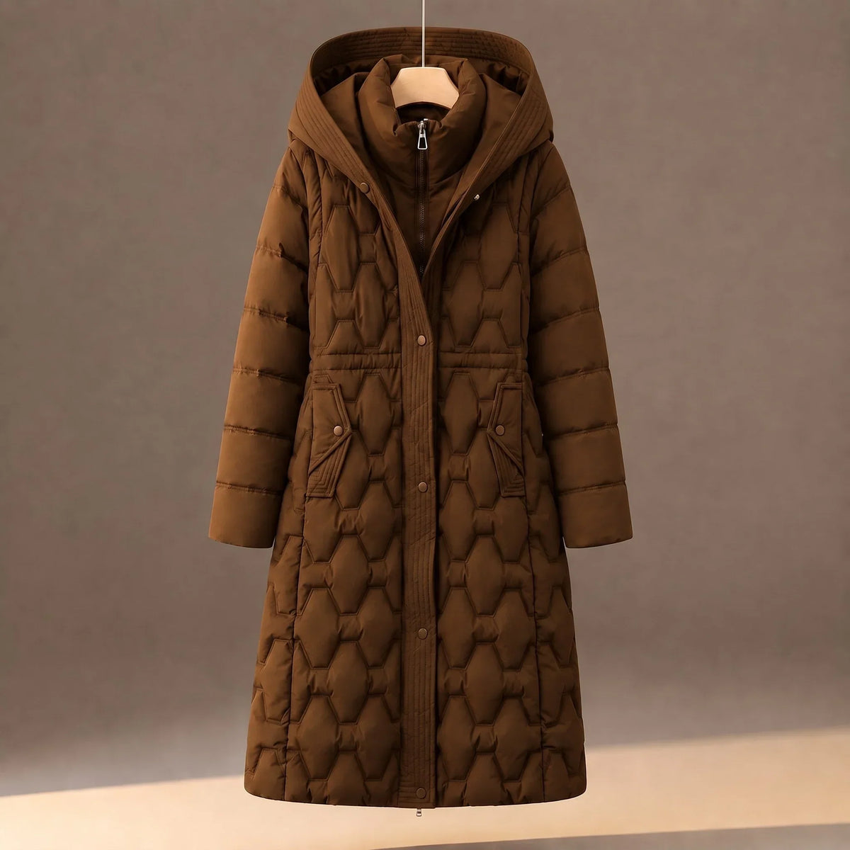 Avenue - Long Quilted Coat with Hexagonal Pattern