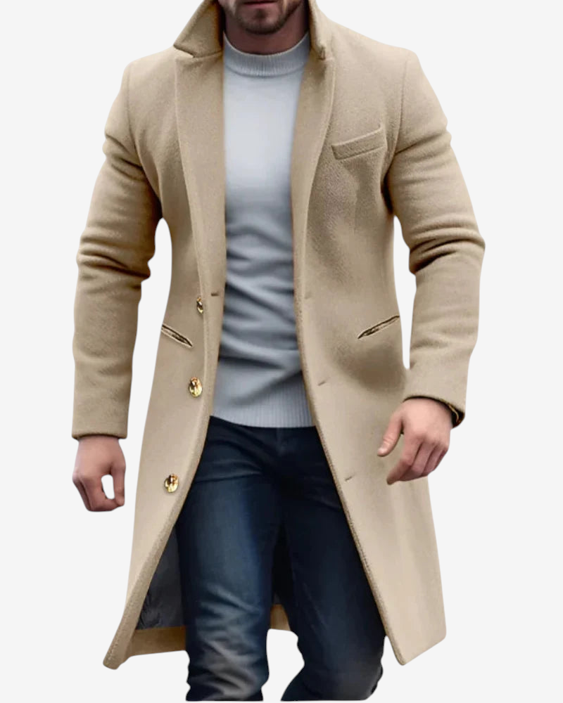 Pocketon - Long Coat with Stand Collar and Button Closure