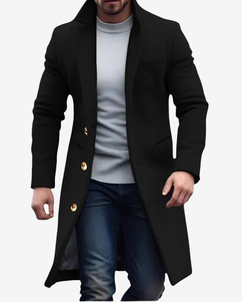 Pocketon - Long Coat with Stand Collar and Button Closure