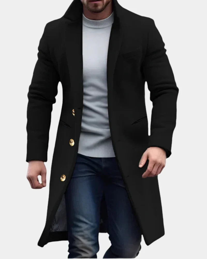 Pocketon - Long Coat with Stand Collar and Button Closure
