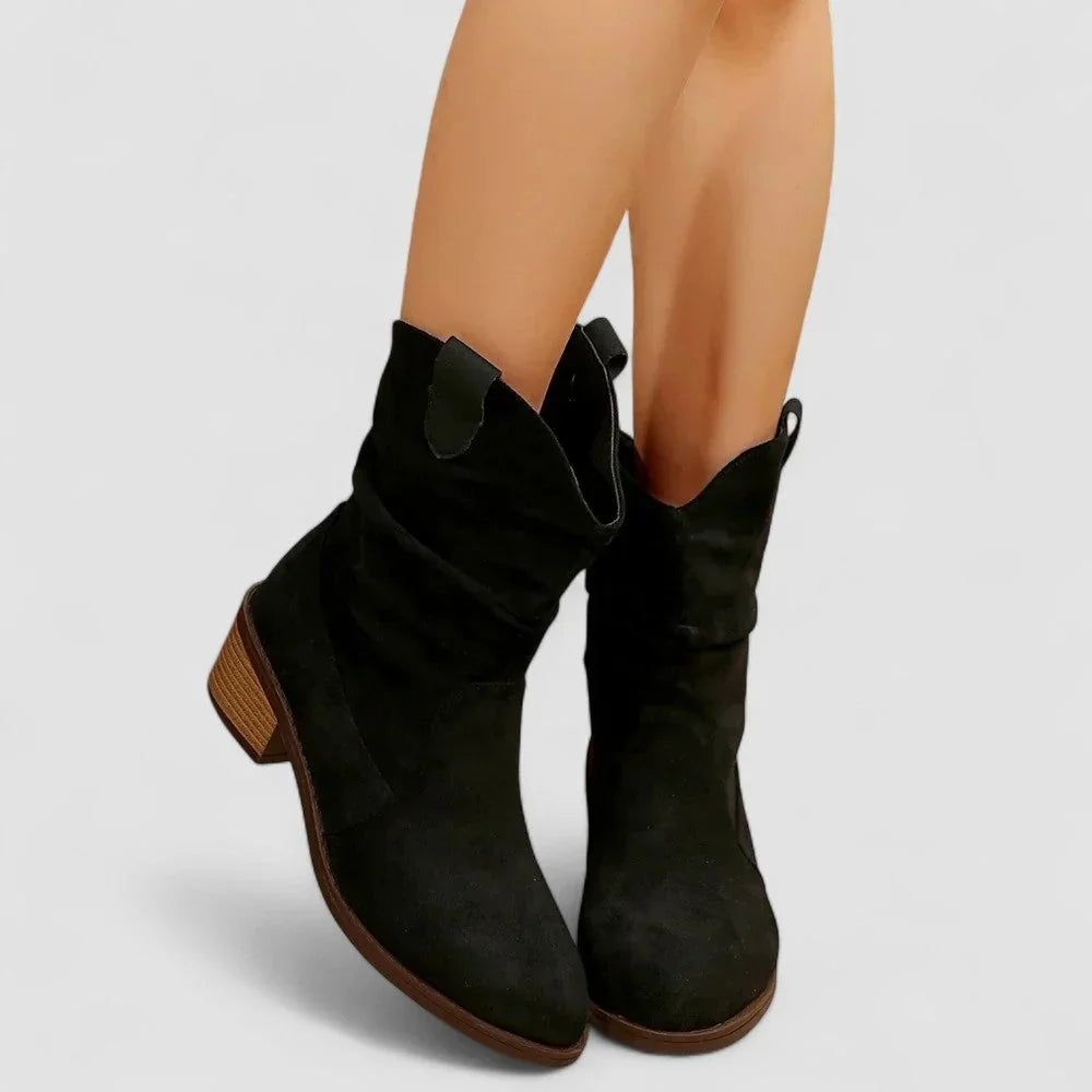 Pointelle - Ruched Mid-Calf Ankle Boots with Pointed Toe