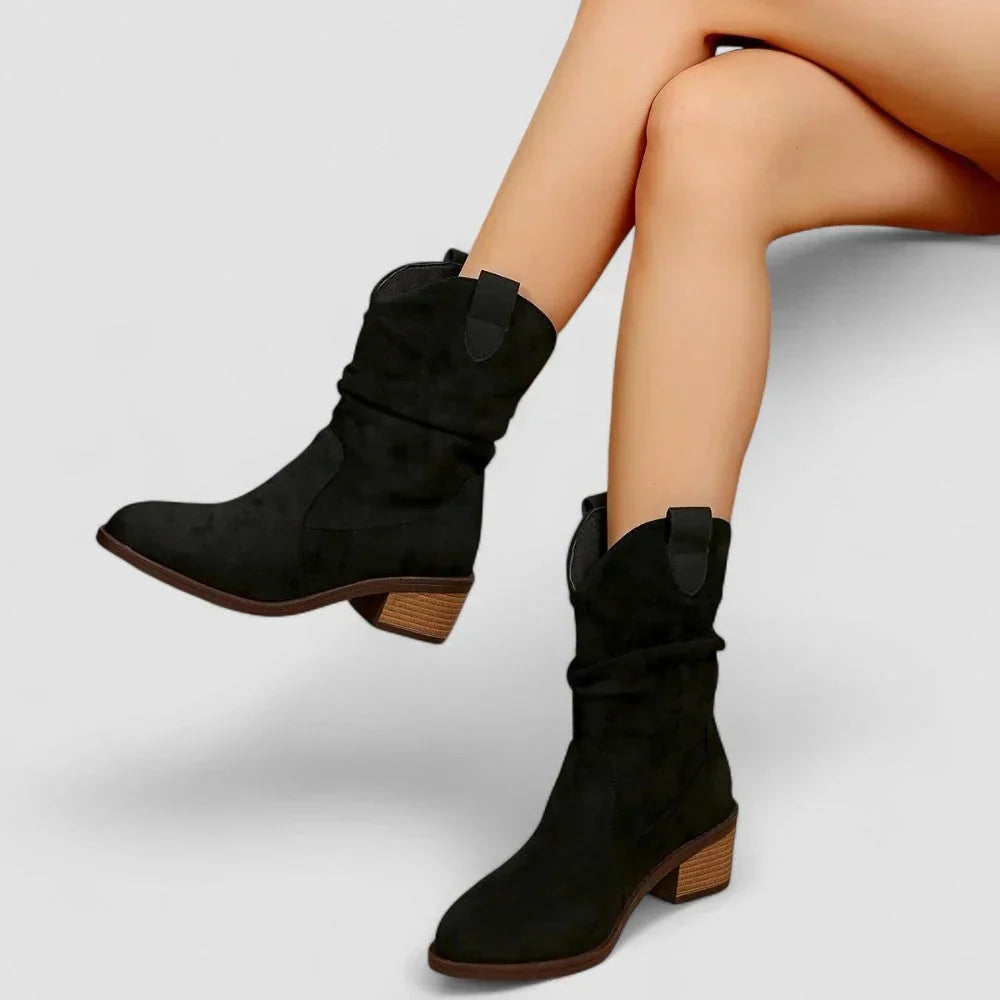 Pointelle - Ruched Mid-Calf Ankle Boots with Pointed Toe