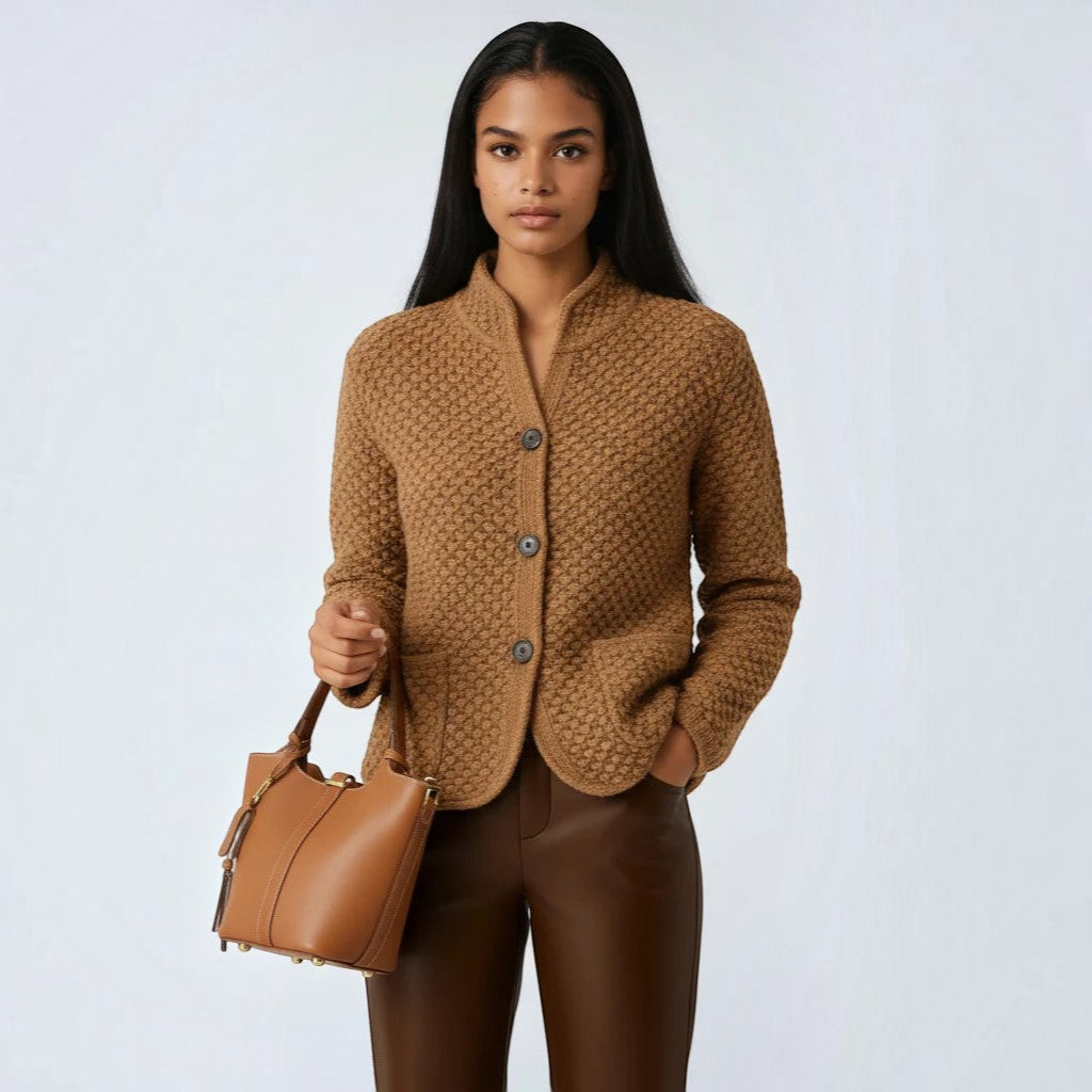 Weave - Women's Cardigan with High Collar and Patch Pockets