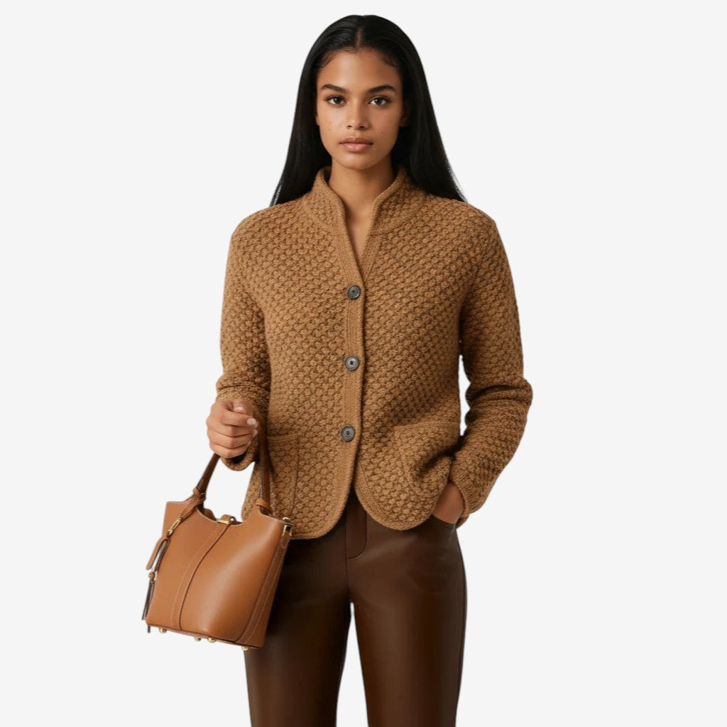Weave - Women's Cardigan with High Collar and Patch Pockets