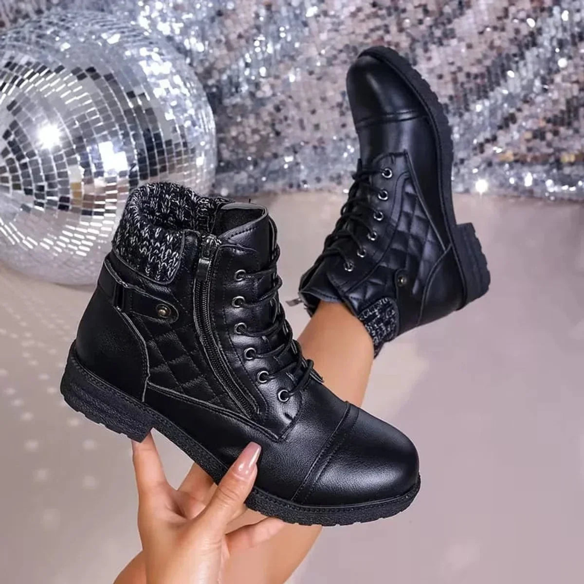 Lacera - Quilted Lace-Up Ankle Boots with Side Zipper