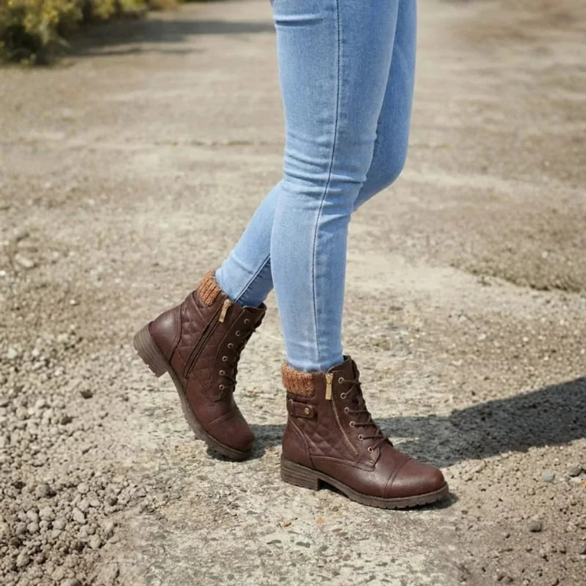 Lacera - Quilted Lace-Up Ankle Boots with Side Zipper